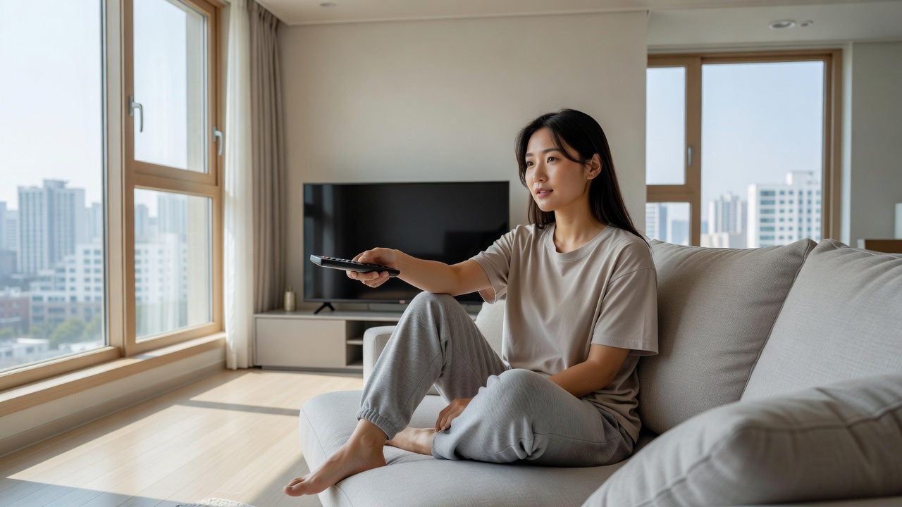넷플릭스 추천 영화를 고르는 일상적인 거실 장면